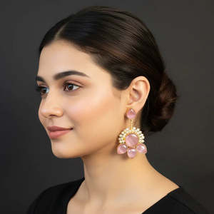 Pastel Pink Drop Charm Earrings with Pearls and Gold Plated Brass - Product Image 1
