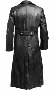 Abrigo Largo de Cuero Genuino para Hombre, Cuello Camisero, Botón Único, Mangas Regulares, Transpirable, Prenda Exterior Negra - Product Image 3
