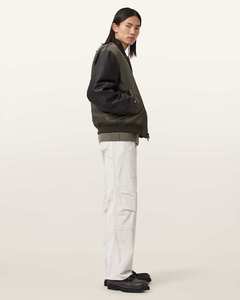 Blouson bomber vert foncé pour homme avec manches en cuir, fermeture éclair, col montant, vêtement décontracté pour l'automne - Product Image 4