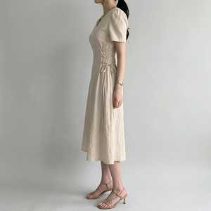 Vestido Maxi de Lino para Mujer, Cuello en V, Manga Abullonada, Silueta Evase, Cordones Laterales en la Cintura, Verano, Casual, Elegante, Liso, Teñido Natural - Product Image 4