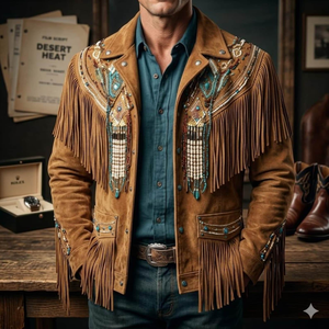 Handmade <b>Men</b>’s Western Leather <b>Suede</b> Fringe <b>Jacket</b> Cowboy Style Turn down Collar Autumn Wear Bulk Supplier - Product Image 4