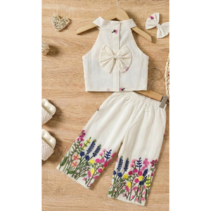 Conjunto coordinado premium para niños, sin mangas, de algodón khadi, con top corto con bordado floral dori, pantalón largo y lazo, para fiestas. - Product Image 3