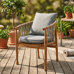 Sillón Moderno para Exteriores con Estructura de Madera Envuelta en Cuerda, Asiento Acolchado para Patio o Balcón con Cojín Decorativo, Muebles para el Hogar - Product Image 1