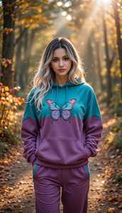 Ensemble de survêtement sportif respirant 2 en 1 pour femmes, sweat-shirt à capuche et pantalon, couleur bleu turquoise et violet, imprimé papillon, été - Product Image 4