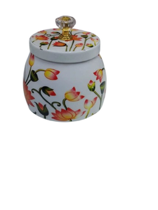 Yellow Metal <b>Kitchen</b> Canister Jar with Pink Lotus Flower and Green Leaf Print Decorative Storage Container with Lid Gold Knob - Product Image 3