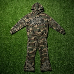 Mens <b>Camouflage</b> <b>Cargo</b> Tracksuit Zip Up Hoodie Rhinestone Embroidery Wide Leg Pants Custom Streetwear Sportswear Set - Product Image 5