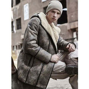 Veste en cuir véritable marron pour homme avec doublure en sherpa, col rabattable, fermeture éclair, coupe-vent, manteau long d'hiver, style workwear - Product Image 3
