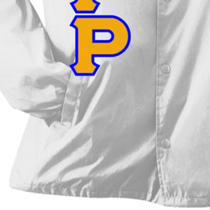 <b>White</b> Women's Greek Letter Embroidered Knitted Breathable <b>Button</b> Jacket Gold Applique Letters Blue Outline Collegiate Crest Logo - Product Image 2