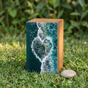 Ocean Heart Wave Wooden Urn Handmade Resin Art <b>Memorial</b> Keepsake <b>Box</b> Durable Eco-Friendly Cremation - Product Image 6