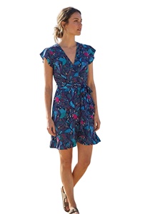 Elegante Vestido de Oficina de Rayón con Estampado Liso en Colores Caramelo, Manga Corta, Cuello en V, Botones, Ecológico, Natural, Corte en A, Tejido - Product Image 3