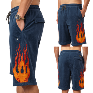 Pantalones Cortos de Felpa Francesa con Lavado Ácido de Alta Calidad y Estampado de Llamas para Hombre, Ropa Urbana - Product Image 3
