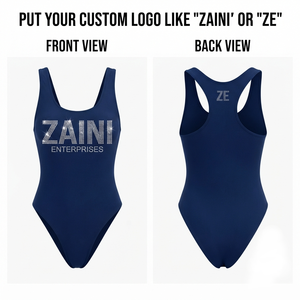 Maillot de bain deux pièces pour femme en nylon premium 220 GSM, bleu marine, taille haute, avec soutien-gorge triangle et bas échancré, extensible, logo sur le devant - Product Image 1