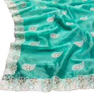 Saris de seda de organza para mujer, adornados con perlas de diamantes de Swarovski, bordado de hilo blanco - Product Image 1