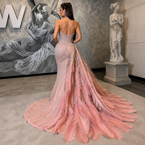 Luxury Blush Pink Feather Mermaid Evening Gown for Women Heavy Hand Embroidered Crystal Work Designer <b>Prom</b> <b>Dress</b> Wedding Gown - Product Image 3