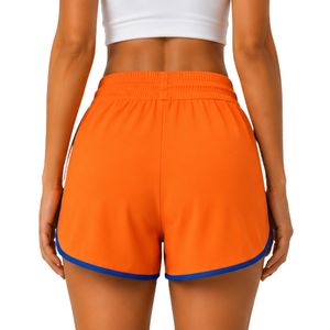 Shorts de course pour femmes orange avec passepoil bleu roi, en polyester, séchage rapide, taille élastique avec cordon de serrage, pour athlétisme, gym et fitness, OEM - Product Image 2