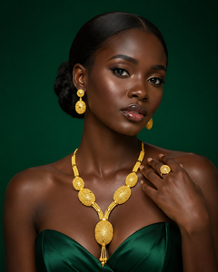 Luxury African Oval Gold Plated Jewelry Set for Women 24K Gold Plated Nigerian Bridal Necklace Set with Earrings & Ring - Product Image 3