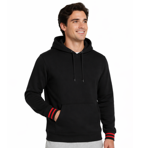 Sudadera con capucha negra para hombre de alta calidad OEM con puños acanalados con franja roja, sudadera de algodón para hombre, estilo informal. - Product Image 1