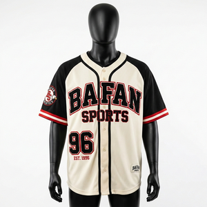 เสื้อยืดผู้ชายผ้าฝ้าย 100% ทรงหลวม พิมพ์ลาย เสื้อเบสบอลผ้าโพลีเอสเตอร์ตาข่ายพรีเมียม 200 GSM สีครีม แขนเสื้อสีดำแบบแร็กแลน - Product Image 5