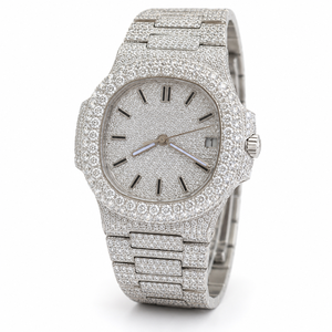 Reloj de Lujo para Hombre, con Cristales, de Acero Inoxidable, Cuarzo Analógico, Esfera Cuadrada con Diamantes Personalizados y Visualización de Fecha - Product Image 5