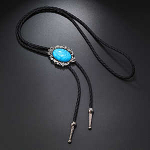 Turquoise Horizon Bolo Tie 1.8 Inch Stainless Steel Pendant with Adjustable Black Leather Rope for Men & Boys - Product Image 2