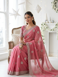 AARA Fashion Saree en soie rose avec bordure brodée et chemisier, tenue de mariage pour femme, robe de mariée indienne traditionnelle, protection solaire - Product Image 4
