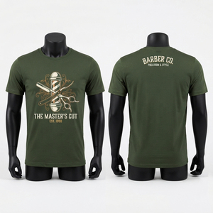 เสื้อช่างตัดผมพรีเมียม โพลีเอสเตอร์ 100% 180 GSM สีเขียวมะกอก คอกลม พิมพ์ลายดิจิทัล แขนสั้น สวมใส่สบาย ระบายอากาศได้ดี แห้งเร็ว - Product Image 1