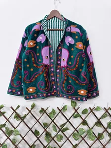 Premium Turquoise <b>Velvet</b> Embroidered Suzani <b>Jacket</b> with Octopus Pattern Full Sleeve Stand Collar Handmade Bohemian Autumn Coat - Product Image 1