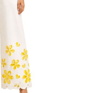 Manufacturer White Wide Leg Embroidered Pants For Women Yellow Floral Cotton Casual High Waist Palazzo <b>Trousers</b> Custom Apparel - Product Image 4