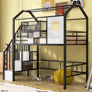 Letto a soppalco doppio in metallo nero con design del tetto unico e contenitore portaoggetti per camerette dei bambini - Product Image 1