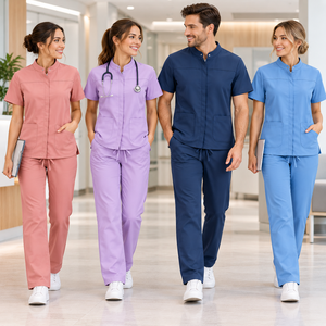 Women Pink Scrub Set Short Sleeve Top With <b>Pockets</b> And Elastic Waist Pants Hospital Uniforms For Medical <b>Staff</b> - Product Image 3