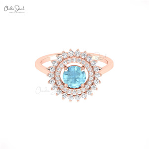 Natural 6mm Round Cut Aquamarine Floral Halo <b>Ring</b> with Diamond <b>Cocktail</b> <b>Ring</b> In 14k Solid <b>Gold</b> Celestial Jewelry for Women - Product Image 1