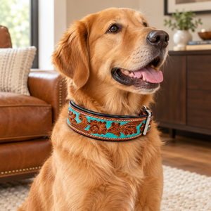 Collar de Perro de Cuero Repujado con Diseño Floral Turquesa, Tallado a Mano, Estilo Western |   Acolchado ajustable ROYAL INTERNATIONAL RI-DC04 All - Product Image 2