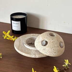 Natural travertine stone aroma <b>diffuser</b> holder round base with dome lid handcrafted porous stone decor essential <b>oil</b> <b>diffusers</b> - Product Image 1
