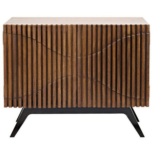 Commode en teck de style mid-century modern avec lattes verticales et pieds en métal noir pour le rangement de la chambre - Product Image 2