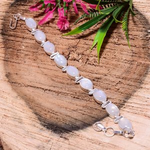 Rainbow Moonstone Bezel <b>Set</b> Bracelet Natural White Moonstone Handmade 925 Sterling Silver Jewelry Gift For Her - Product Image 1