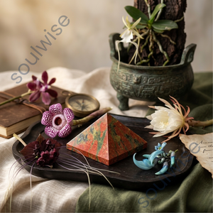 Pyramide en cristal d'Unakite naturel fait main, ensemble de pierres précieuses vertes et orange polies, collection de décoration Feng Shui - Product Image 5