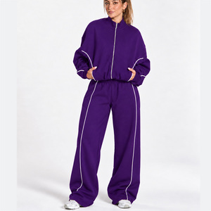 Wholesale <b>Women</b> Contrastline Zip <b>Jacket</b> Tracksuit Set Casual Two Piece Outfit Relaxed Fit Wide Leg Pants Matching Clothing - Product Image 1