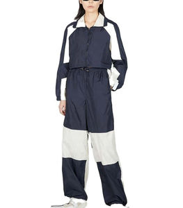 Women Color Blocking <b>Tracksuit</b> Full Length Sporty Jogging Set Breathable <b>Polyester</b> Loose Fit Turn-down Collar Drawstring Closure - Product Image 1