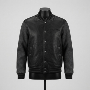 Chaqueta de Hombre de Cuero Negro con Mezcla de Lana, Cuello Acanalado, Botones a Presión, Manga Larga, Estilo Casual Urbano - Product Image 1