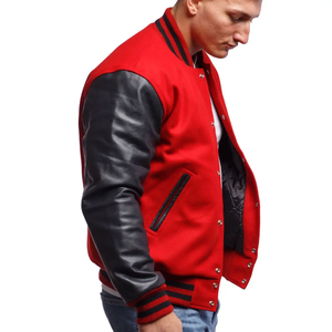 2026 OEM Service <b>Men's</b> Red With Black <b>Leather</b> Sleeves Turn-down Collar Casual Wear Varsity <b>Jacket</b> Available For Online Sale - Product Image 5