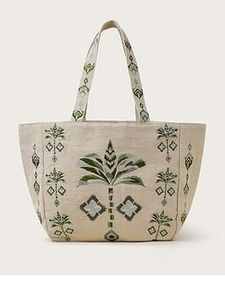 Sac fourre-tout en toile brodée, sac à main à bandoulière en feuille de palmier, ouverture supérieure, grande capacité pour les courses quotidiennes et les voyages, 100% toile de coton - Product Image 3