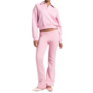 Premium Cotton Fleece Polo Sweatshirt Slim <b>Pants</b> Set Women Cotton Polyester Fleece Lounge Set Custom 2 piece Set Wholesale OEM - Product Image 1