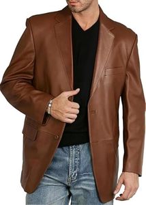 Men's Brown Leather Blazer Slim Fit Collar Single Button <b>Smart</b> Casual <b>Jacket</b> Regular Sleeve - Product Image 4