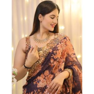 Saree en organza violet à imprimé floral avec chemisier Robe de soirée de fête - Product Image 4