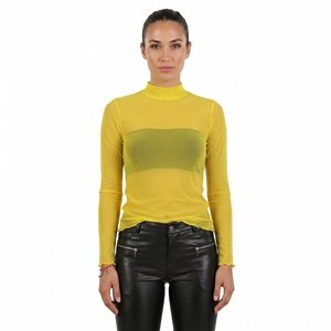 T-shirt à col roulé jaune pour femme, manches longues, coupe ajustée, tricoté, respirant, décontracté, en maille transparente, sexy, pour club - Product Image 6