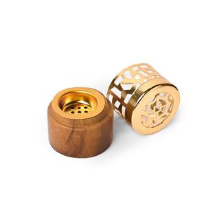 Minimalist Gold Metal Bakhoor Burner with Natural Wood Base Cylindrical Incense Censer for Oud Resin and Frankincense - Product Image 3