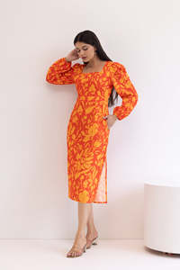 Robe midi à imprimé floral avec manches bouffantes, col carré, silhouette fourreau, robe décontractée d'été en polyester tissé ajustée - Product Image 4
