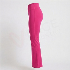 High Waist Flared Leg <b>Ankle</b>-<b>Length</b> Yoga <b>Leggings</b> Solid Pink Spandex Nylon Seamless Elastic Waist - Product Image 3