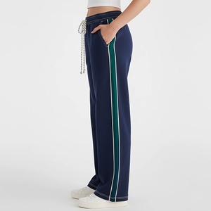 OEM High Quality Custom Women's Casual Flare 100% Cotton Athletic Joggers Wide Leg Regular Fit Straight Logo Waist Patchwork - Product Image 5