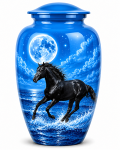 Hermosa urna funeraria de metal (latón/aluminio) con diseño de Luna Azul Antigua y Caballo Blanco para cenizas de adultos. - Product Image 2